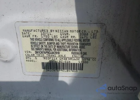 2012 Nissan Versa 1.6 Sv from USA, damaged, VIN 3N1CN7AP9CL847810